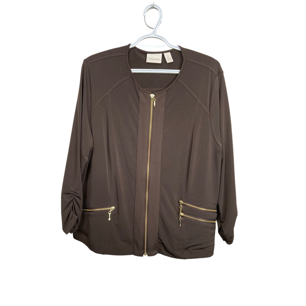 Chico's Knit Kit Zipper‎ Pocket Jacket Ruched Sleeve Brown Size 2 US 12/L Office